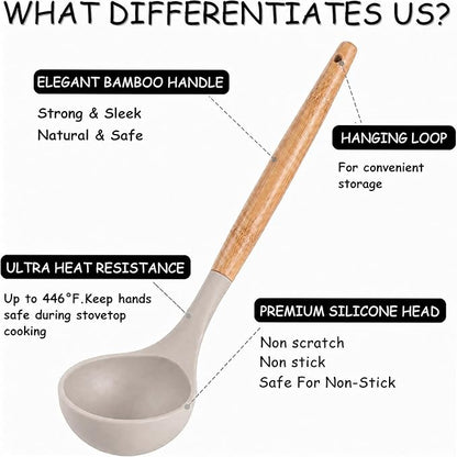 MIBOTE Silicone Cooking Kitchen Utensils Set with Holder, Wooden Handles BPA Free Non Toxic Silicone Turner Tongs Spatula Spoon Kitchen Gadgets Utensil Set for Nonstick Cookware (Khaki)