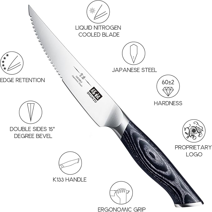 SHAN ZU 6 Pc Steak Knife Set, 4.5 Inch High Carbon Japanese Super Steel Steak Knives, Ultra Sharp Kitchen Steak Knife with K133 Ergonomic Handle, Black Tortoise Genbu Series