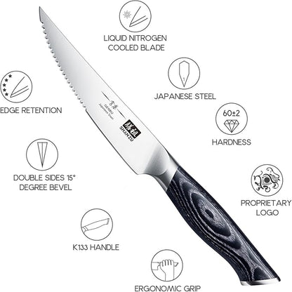 SHAN ZU 6 Pc Steak Knife Set, 4.5 Inch High Carbon Japanese Super Steel Steak Knives, Ultra Sharp Kitchen Steak Knife with K133 Ergonomic Handle, Black Tortoise Genbu Series
