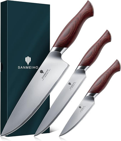 Japanese Knife Set 3 PCs, High Carbon 10Cr15Mov Stainless Steel Chef Knife Set, Ultra-Sharp Professional Kitchen Knives Set with Ergonomic Pakkawood Handle and Elegant Gift Box