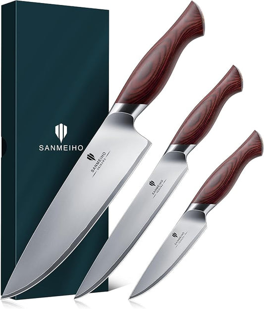 Japanese Knife Set 3 PCs, High Carbon 10Cr15Mov Stainless Steel Chef Knife Set, Ultra-Sharp Professional Kitchen Knives Set with Ergonomic Pakkawood Handle and Elegant Gift Box