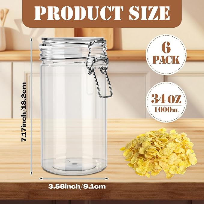 Suclain 6 Pack 34oz/1000ml Plastic Jars with Lids Bulk, Clear Wide Mouth Food Storage Jars Empty Airtight Sealed Canister Kitchen Storage Container for Pantry Organize Dry Goods Cereal Pasta Pickling