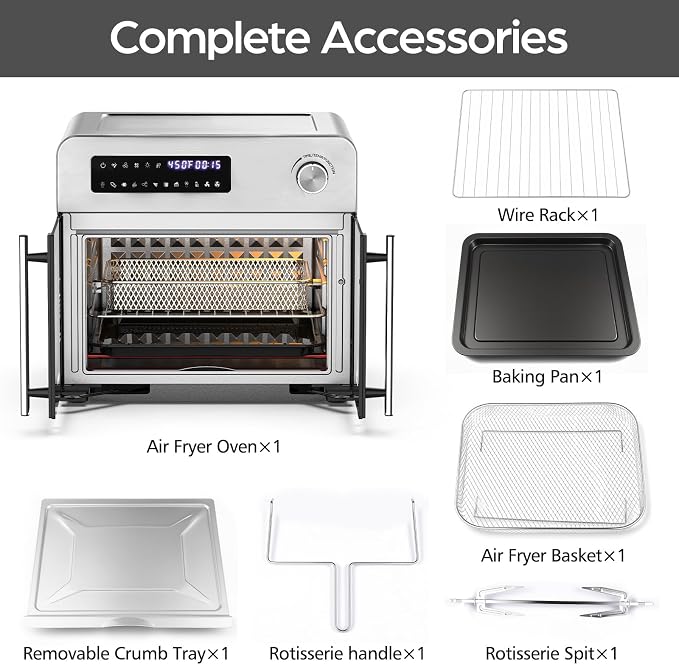OSTBA French Door Air Fryer Toaster Oven Combo, 10-in-1 Air Fryer Toaster Oven with Rotisserie, 24QT Large Countertop Convection Oven, 102 Recipes & 7 Accessories, Stainless Steel