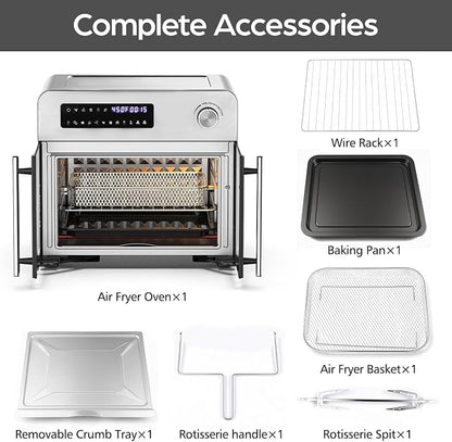 OSTBA French Door Air Fryer Toaster Oven Combo, 10-in-1 Air Fryer Toaster Oven with Rotisserie, 24QT Large Countertop Convection Oven, 102 Recipes & 7 Accessories, Stainless Steel