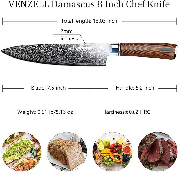 VENZELL Handmade 8 inch Chef Knife, 67-layer Damascus Stainless Steel Knife, HRC60±2 Professional Chopping Knife with Ergonomic PAKKA Wood Handle