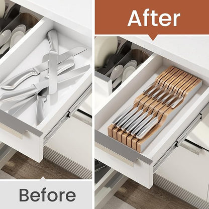 In-Drawer Knife Block Organizer - Bamboo Wood Drawer Knife Organizer-Protecting Knife Organizer Block (Not Included) (White, 13 Knives Dock)
