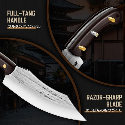 Huusk Serbian Chef Knife Set - 3PCS Hand Forged Butcher Knife Set - Meat Cleaver, Nakiri, Grill Knives with Full Tang Wooden Handle, Gifts for Men and Women