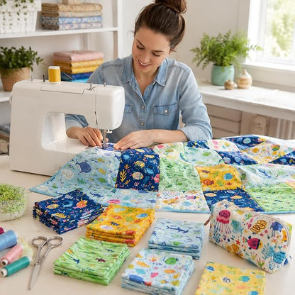 DMFR Ocean Fabric Squares 5 x 5 Inch, 42 Pcs 100% Cotton Charm Pack Fabric for Quilting, Under the Sea Precut Quilt Squares, 6 Assorted Patterns for Sewing, Patchwork, Crafts, Baby Boy Projects