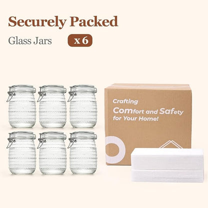 ComSaf 34oz 6 Pack Vintage Hobnail Glass Storage Jars with Airtight Clamp Lids, 1000ml Wide Mouth Clear Canister Set for Coffee Beans, Sugar, Snacks, Pasta, Pickling and Countertop Pantry Organization