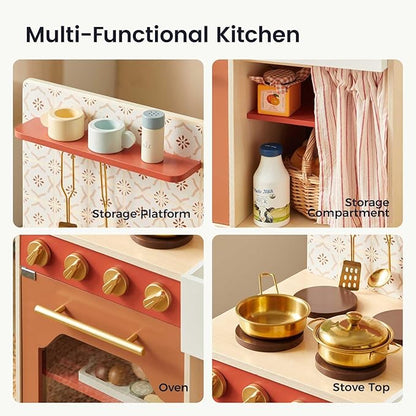 Tiny Land Play Kitchen for Toddlers, Wooden Kids Kitchen Playset with Cutting Food & Cookware, Oven, Clicking Knobs, Stove and Sink, Small Kitchen Toy Gift for Kids, Girls & Boys - Warm Retro