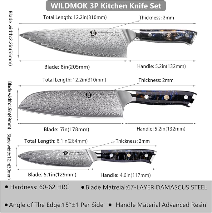 WILDMOK Damascus Kitchen Knife Sets 3 PCS, Japanese Kitchen Knife Set Damascus Steel Core, Ultra-Sharp Professional Chef Knife Set and Full Handle, Gift Box