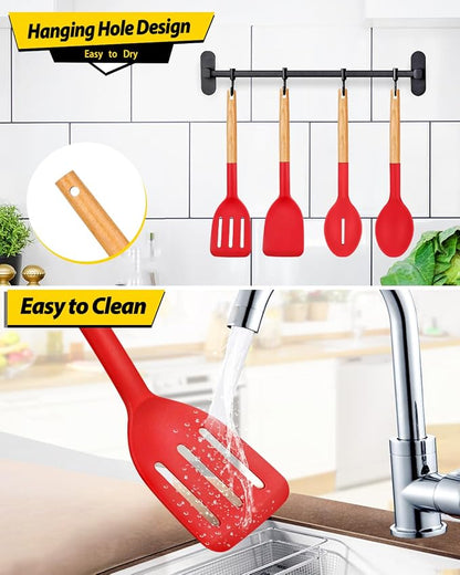 Pack of 4 Silicone Cooking Utensils Set, Non Stick Solid Spatulas and Heat Resistant Slotted Spoons with Wooden Handle, Ideal Wood Kitchen Utensils Set for Frying,Serving,Turning,Stirring (RED)