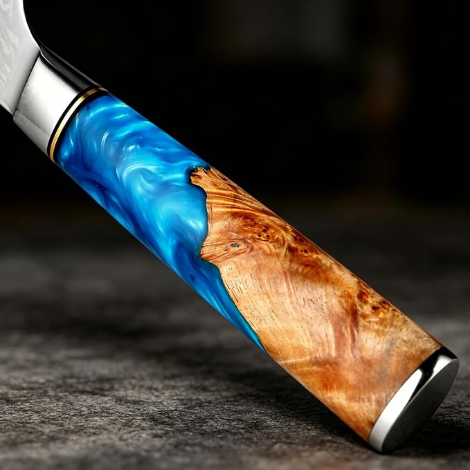 XITUO 7-Inch Santoku Knife, 67-Layer Japanese Damascus Steel Chef Knife, Ultra Sharp Kitchen Knife with Ergonomic Blue Resin & Wood Handle, Gift Box