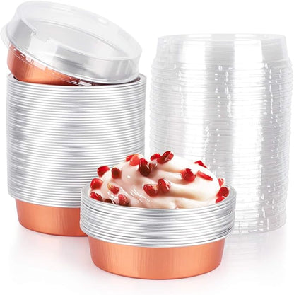 Beasea Mini Tart Pans, 8 Oz 50 Pack Disposable Pie Tins with Lids, 4 Inch Rose Gold Aluminum Pie Pan Cartoon Tin Tart Pans Round Oven Baking Mini Cake Pan for Pie Tart Quiche