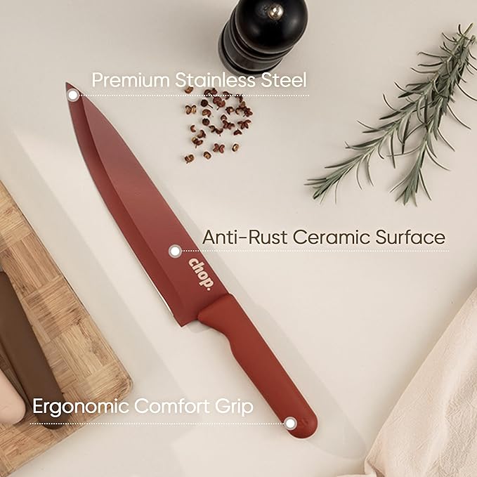 CAROTE Knife Set, 13 Pcs Kitchen Knife Set with Letter, 6 Stainless Steel Knives with Nonstick Ceramic Surface & Blade Guards, Kitchen Shears, Dishwasher Safe, Ergonomic Handles