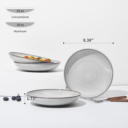 Pokini 16 Piece Double Bowl Dinnerware Sets with Pasta Bowls, Highly Chip and Crack Resistant Plates and Bowls Sets, Natural Earthyware Ceramic Dishware Sets, Service for 4 Moonstone White