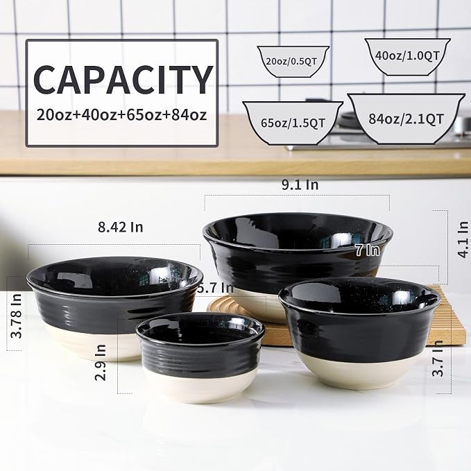 HASENSE Nesting Ceramic Mixing Bowls Set of 4, 2.5/1.5/1.0/0.5 Qt Black & Beige Stoneware Bowls, Farmhouse Bowls for Cooking, Baking, Fruit & Holiday Serving, Dishwasher & Microwave Safe