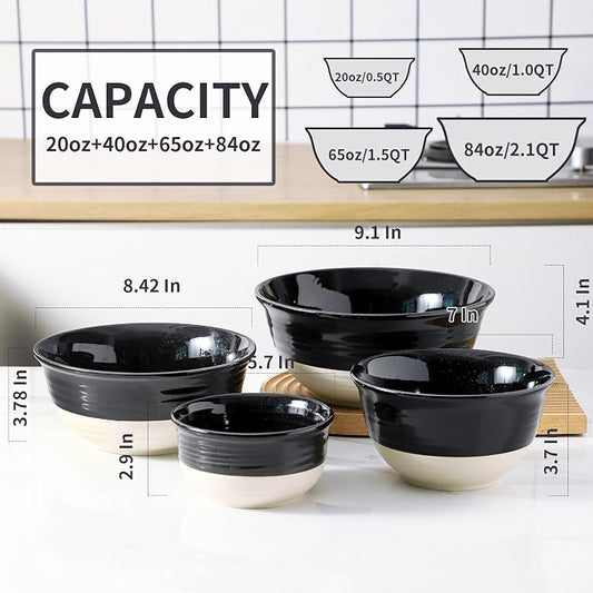 HASENSE Nesting Ceramic Mixing Bowls Set of 4, 2.5/1.5/1.0/0.5 Qt Black & Beige Stoneware Bowls, Farmhouse Bowls for Cooking, Baking, Fruit & Holiday Serving, Dishwasher & Microwave Safe