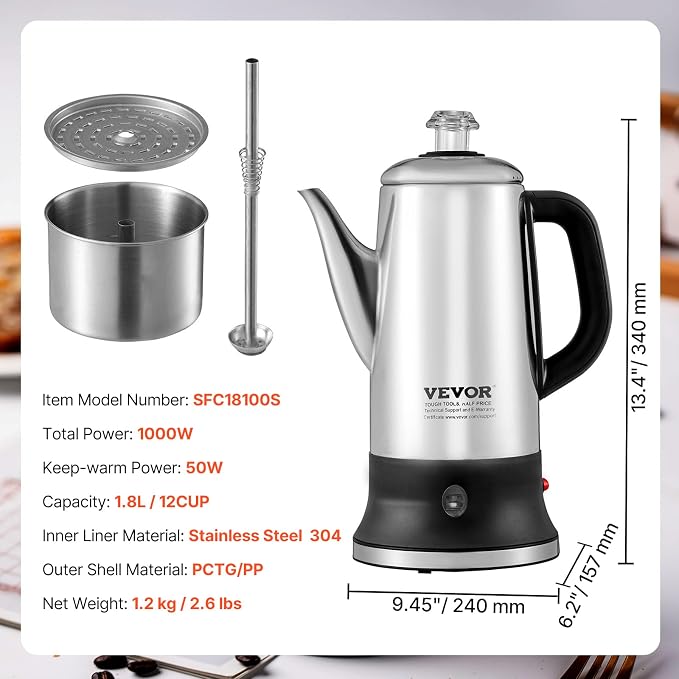 VEVOR 12-Cup Electric Percolator Coffee Pot, 304 Stainless Steel Body Coffee Percolator with Keep Warm Function & Heat-Resistant Handle, Classic Coffee Maker, Quick Brew & Easy-Pour Spout, Silver