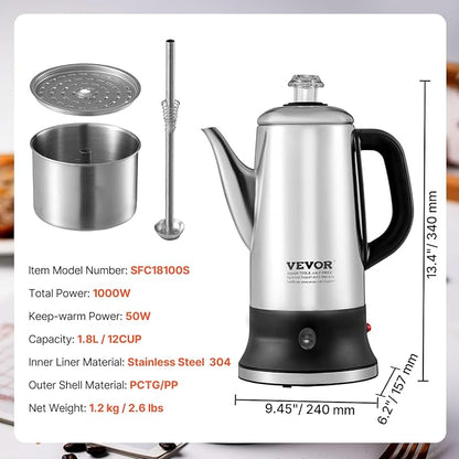 VEVOR 12-Cup Electric Percolator Coffee Pot, 304 Stainless Steel Body Coffee Percolator with Keep Warm Function & Heat-Resistant Handle, Classic Coffee Maker, Quick Brew & Easy-Pour Spout, Silver