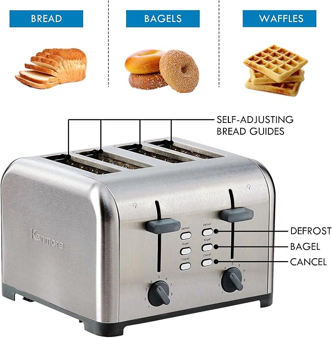 Kenmore Toaster 4 Slice - Extra Wide Slot Countertop Kitchen Appliance, Defrost Function, Grille-Pain, 9 Shade Settings, Compact Design, Easy Clean Crumb Tray, Bread Bagel, Stainless Steel