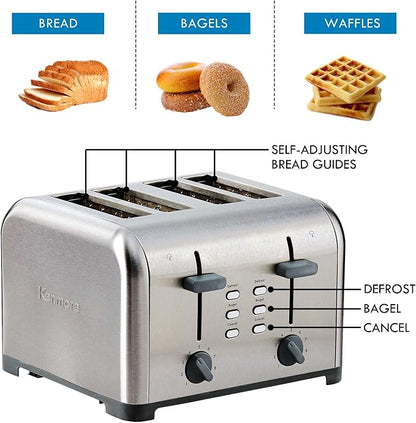Kenmore Toaster 4 Slice - Extra Wide Slot Countertop Kitchen Appliance, Defrost Function, Grille-Pain, 9 Shade Settings, Compact Design, Easy Clean Crumb Tray, Bread Bagel, Stainless Steel