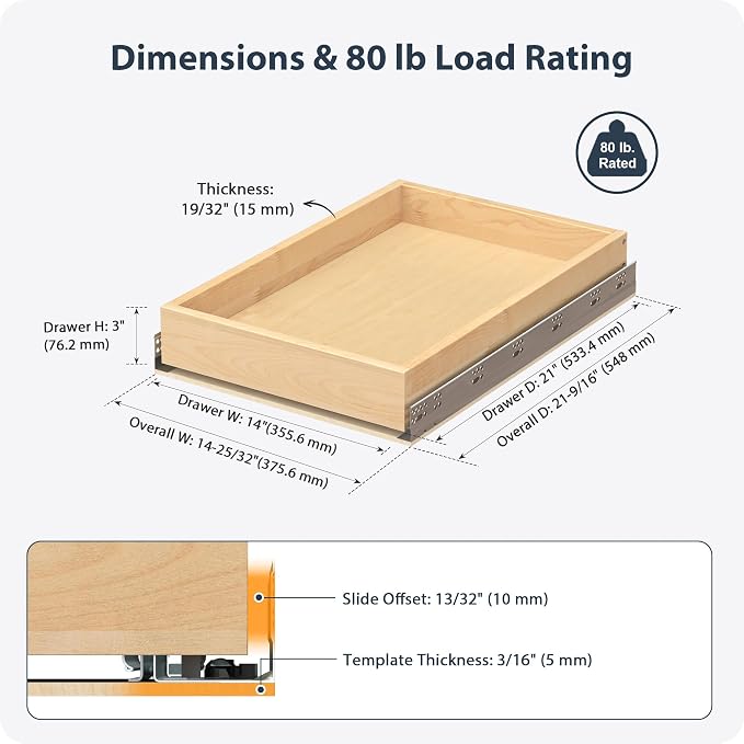 Pull Out Drawers for Kitchen Cabinets 14" W x 21" D Birch Wood | Pull-Out Cabinet Drawer, Slide Out Shelf, Concealed Soft-Close Full-Extension Slides, Bottom & Side Mount, 80 lb Heavy-Duty