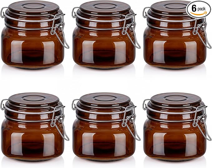 Norme 6 Pack 16oz Amber Airtight Glass Jars with Lids, Square Food Storage Container Airtight Food Wire Clip Fastening for Sauerkraut Flour Kitchen Sugar Cereal Kitchen Canning Pickling Mason Jars