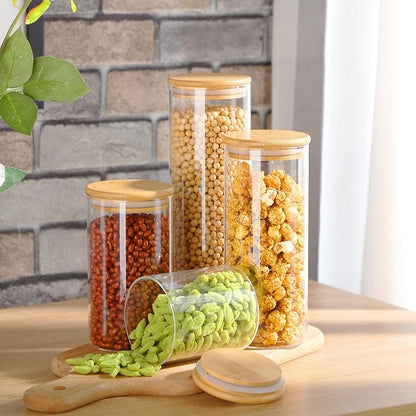 Qinyoung Glass Storage Jars with Wooden Lids, 4 Sizes Food Storage Containers Clear Stackable Canisters Airtight Glass Jars for Candy Cookie (Clear, Light Brown, 15oz 25oz 34oz 42oz, 12 Pcs)
