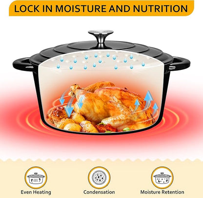 Velaze 7.5 QT Dutch Oven Pot with Lid, Enameled Cast Iron Dutch Oven with Dual Handles for Sourdough Bread Baking, Cooking, Non-stick Enamel Coated Cookware (Black)