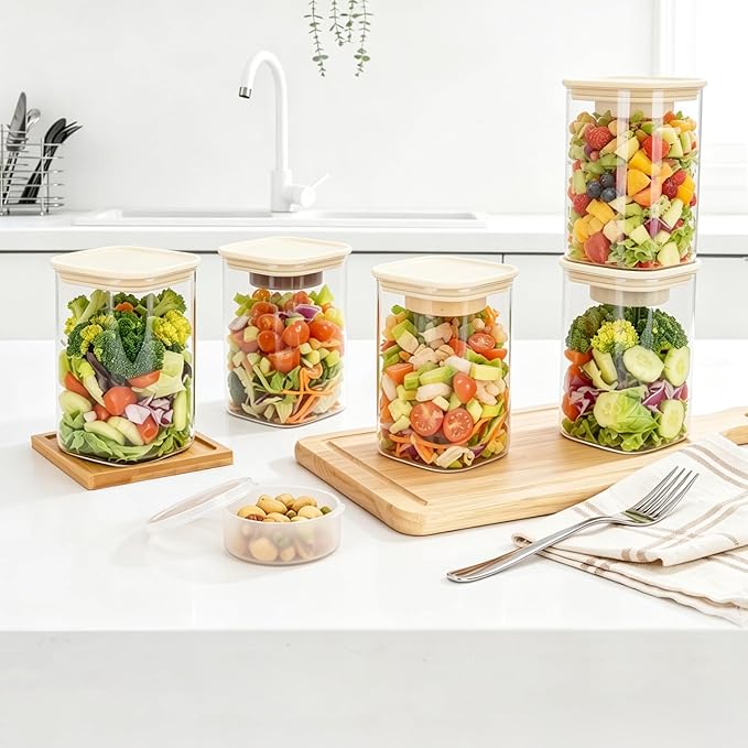 LIBWYS Glass Salad Jars with Lids Meal Prep, 34oz Larger Square Containers for Home Storage & Lunch, Built-In Leakproof Compartments, Wet/Dry Separation for Salad Dressing & Ingredients