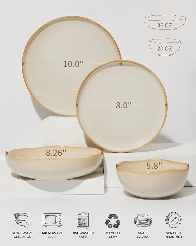 Pokini 24 Pieces Dinnerware Set for 6 with Pasta Bowls, Complete Ceramic Dish Set, Stackable & Glossy Stoneware Plate and Bowl Set for Effortless Everyday Hosting, Yellow White
