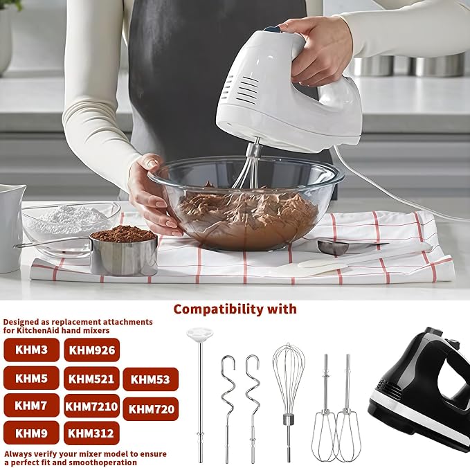 Hand Mixer Beaters Attachments for KitchenAid KHM512 KHM6118 KHM7210 KHM926, Including Turbo Beater, Pro Whisk, Dough Hooks, Blending Rod, Set of 6