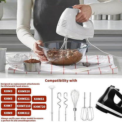 Hand Mixer Beaters Attachments for KitchenAid KHM512 KHM6118 KHM7210 KHM926, Including Turbo Beater, Pro Whisk, Dough Hooks, Blending Rod, Set of 6