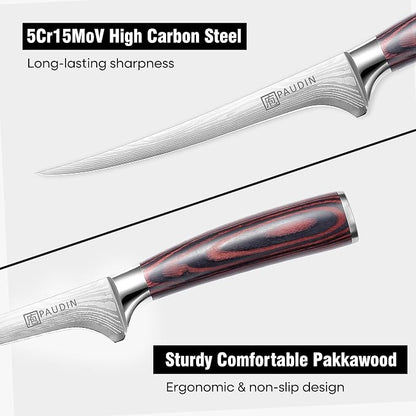 PAUDIN Fillet Knife 7 Inch, Super Sharp Boning Knife, High Carbon German Steel, Professional Fish Knives for Meat Cutting, Ergonomic Pakkawood Handle and Sheath, Gift Box