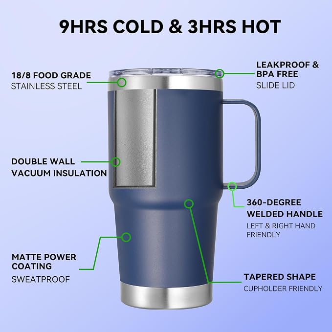 20 oz Stainless Steel Tumbler with Handle Bulk Metal Insulated Tumblers Travel Coffee Mug with Handle Double Wall Tumbler Cup with Lid and Straw, Navy 12 Pack