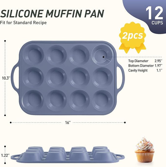 Socisen 2 Packs 12 Cups Silicone Muffin Pan with Metal Reinforced Frame Regular Size Cupcake Pan Tray Egg Bites Silicone Circle Cookie Molds Muffin Tin Bread Loaf Pans for Homemade Reusable Tart Pans