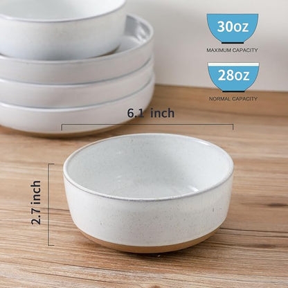 HASENSE Ceramic Cereal Bowls Set of 6, Bluish White Bowls Microwave Safe and Dishwasher Safe for Kitchen, 30 OZ Bowls for Soup, Salad and Oatmeal, 6 Inch Porcelain Dinner Bowls with Two-Tone Color