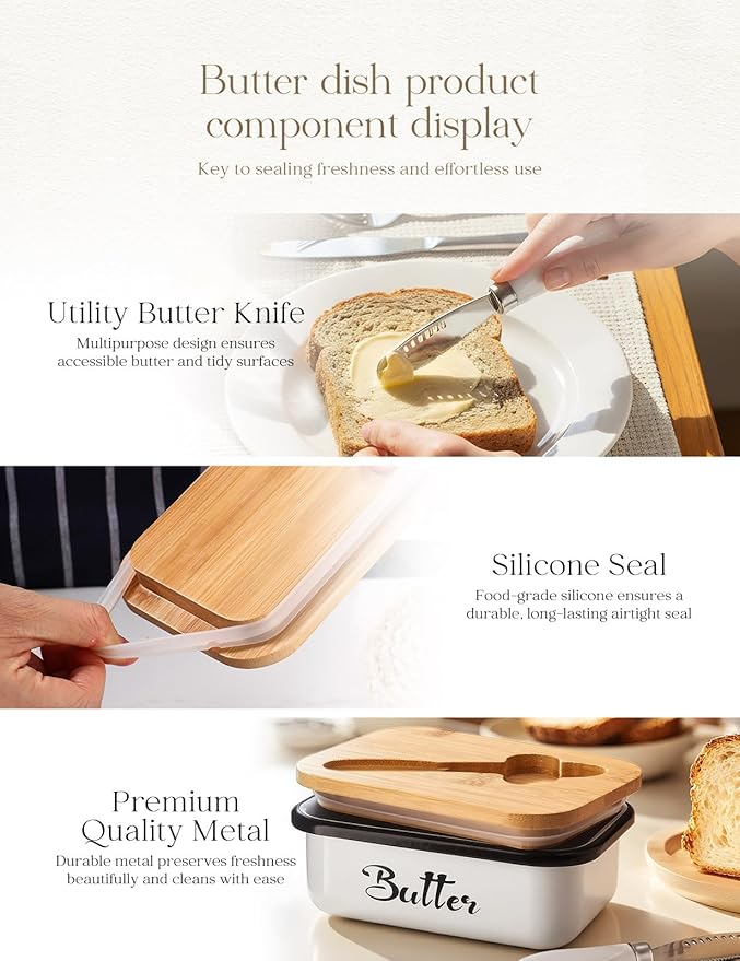Butter Dish with Lid: Butter Dish for Countertop- AISBUGUR Metal Butter Keeper with Stainless Steel Multipurpose Butter Knife,Large Butter Container with Silicone Home Decor Kitchen Gift White