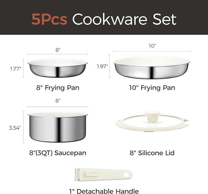 5PCS Pots and Pans Set Non Stick, Diamond-Titanium Ceramic Cookware Set & 3 Layer Stainless Steel with Detachable Handle, Induction Cookware, Non Toxic Oven/Dishwasher Safe, White