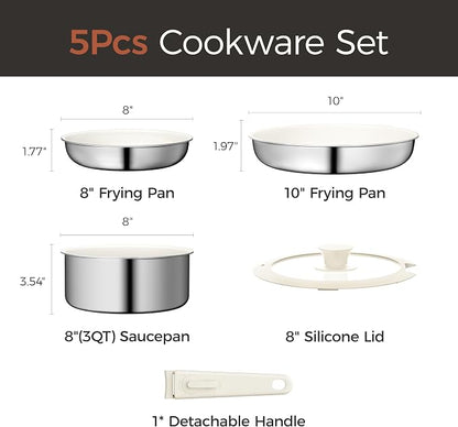 5PCS Pots and Pans Set Non Stick, Diamond-Titanium Ceramic Cookware Set & 3 Layer Stainless Steel with Detachable Handle, Induction Cookware, Non Toxic Oven/Dishwasher Safe, White