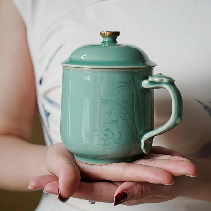 Panda Bamboo Relief Ceramic Tea Mug with Lid, 12oz Handmade Longquan Celadon — Loose Leaf Tea Cup, Cute Unique Gift for Women, Tea Lovers Gift, Gift Box