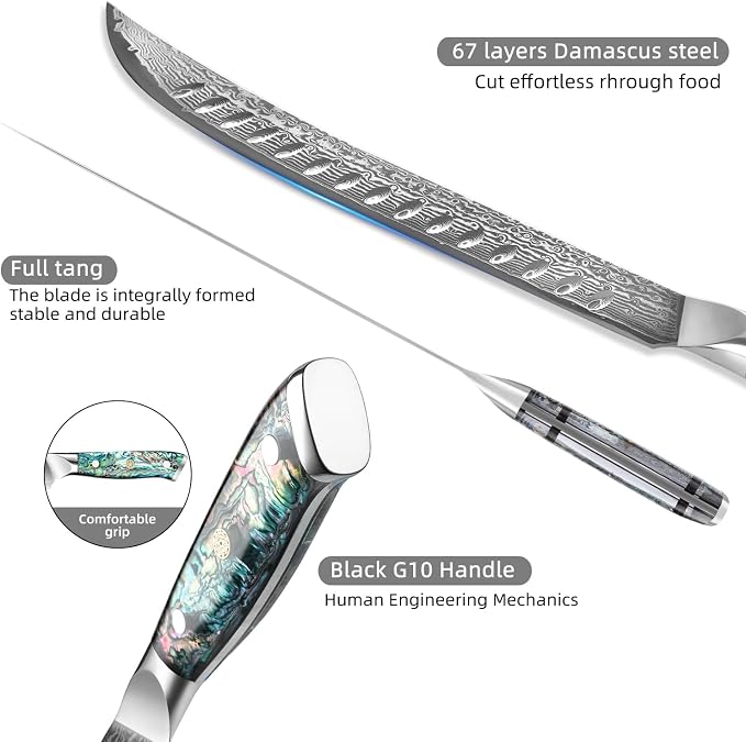 XITUO 10" Cimitar Breaking Butcher Knife, Japanese VG10 Damascus Steel Meat Processing Knife, Full Tang Razor Sharp Blade, Ergonomic Abalone Shell Handle Dazzling Series (10 inch Cimitar Ham knife)