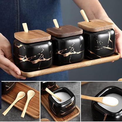 3 Pcs Porcelain Condiment Jar Pot Spice Container Ceramic Seasoning Jar with Lid Spoon and Tray Great for Home Kitchen Counter, Black