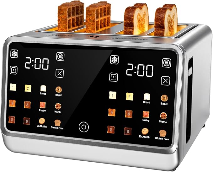 4 Slice Toaster Wide Slot with Dual Digital Touchscreen, 1800W Smart Toaster Stainless Steel Independent Control Panel, Single Slot Mode Timer for Bagels Bread, 6 Toast Shades