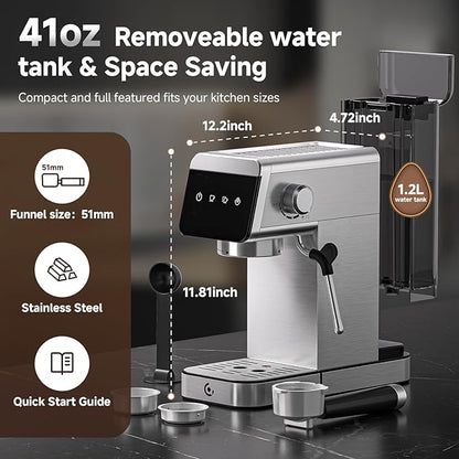AMZCHEF Espresso Machine 20 Bar, Compact Coffee Maker with LED Touch Screen & Steam Milk Frother, Espresso Maker with 41oz Removable Water Tank for Home & Office, Coffee Machine for Cappuccino, Latte