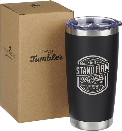 Christian Art Gifts Large Stainless Steel Inspirational Travel Mug Tumbler for Men & Women: Stand Firm Encouraging Bible Verse, Double Wall Vacuum Insulated w/Lid, Hot/Cold Beverage, Black, 18 oz.