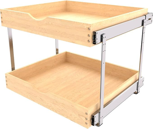 JOWBOOW 2 Tier Pull Out Cabinet Organizer 17" W x 22" D, Solid Wood Kitchen Cabinet Sliding Shelves for Pots and Pans, Heavy Duty Cookware Organizer, 100lb Capacity, Easy Install
