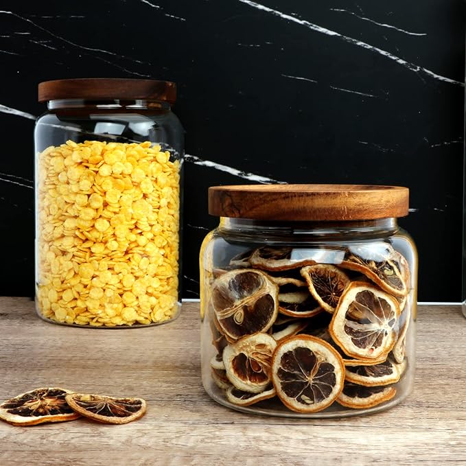 Glass Jars,Set of 4 Glass Food Storage Containers with Wooden Lids,Clear Glass Canister Sets for Sugar,Tea,Coffee,Snack,Spice,Herbs(33 oz/ 1000 ml)
