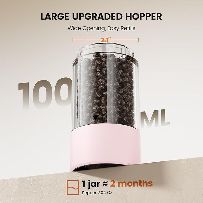 Electric Salt and Pepper Grinder Set - Rechargeable Automatic Salt and Pepper Shakers, Kitchen Appliances with External Adjustable Coarseness, Larger Hopper for Cooking, Home Gifts(2 Pack,Pink/Pink)